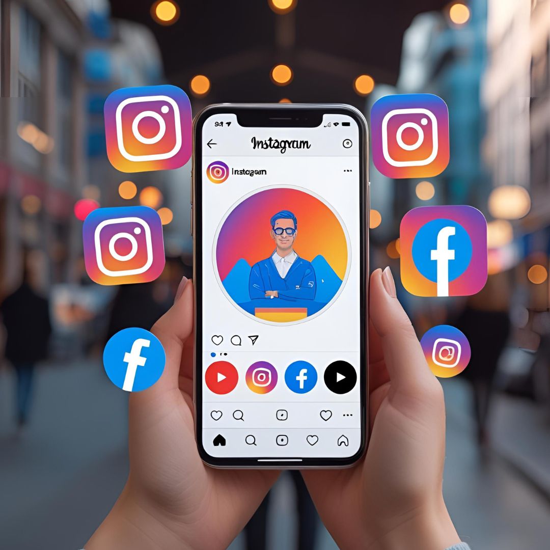 **Alt Text:** An illustration showing small business owners using smartphones to create Instagram and Facebook Reels, surrounded by icons like likes, comments, and shopping carts—symbolizing social media marketing and business growth.