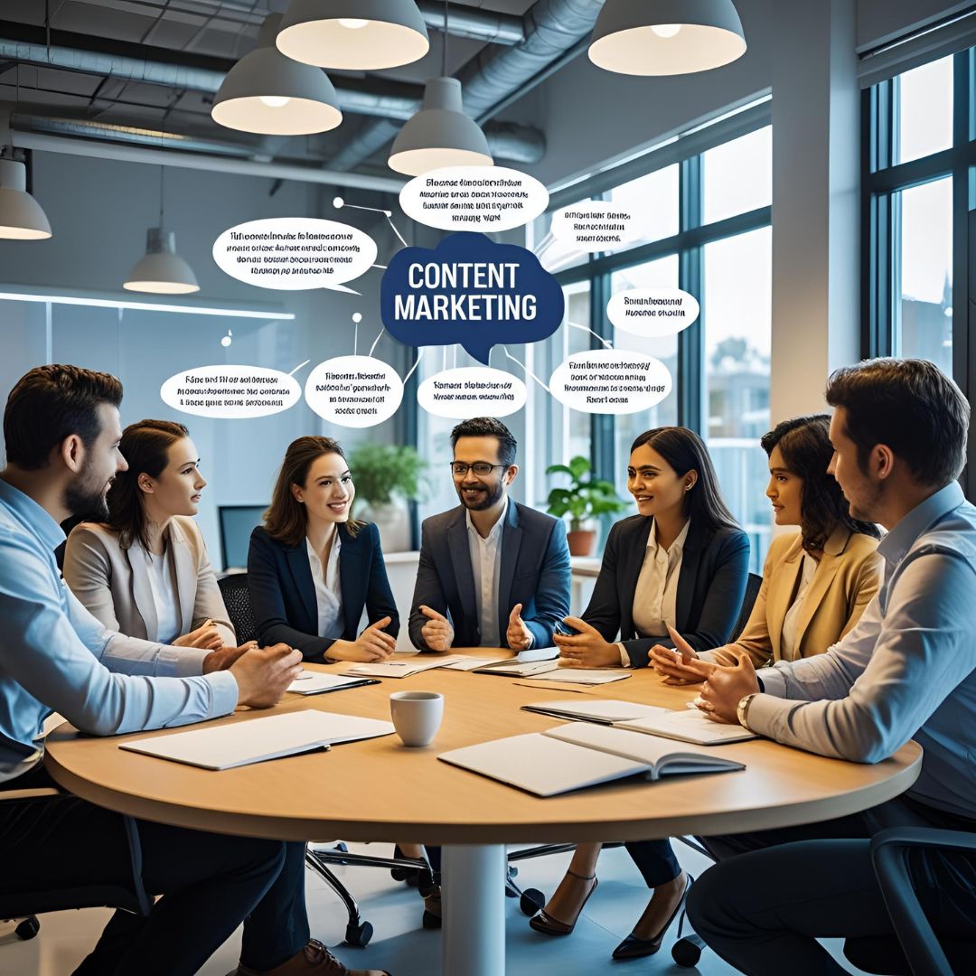 Content Marketing Illustration representing the concept of content marketing with icons for blog posts, videos, SEO, and social media strategy"