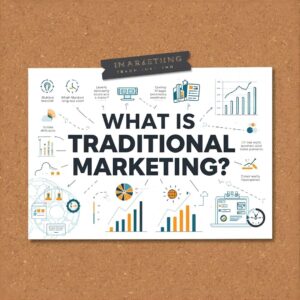 Illustration showing examples of traditional marketing such as billboards, newspapers, radio, and TV advertisements representing offline promotional methods.