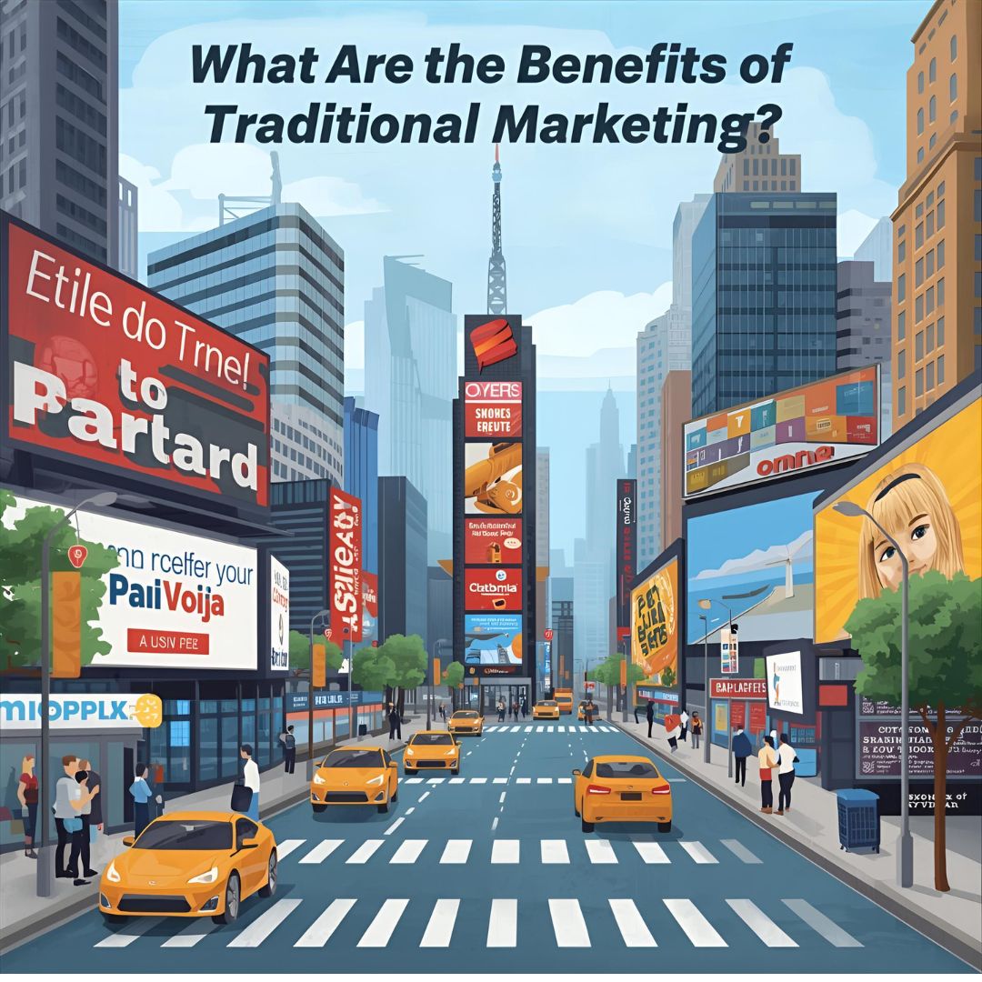Illustration showcasing the benefits of traditional marketing with visuals of billboards, newspapers, TV ads, and flyers, highlighting brand visibility, credibility, and local audience reach.