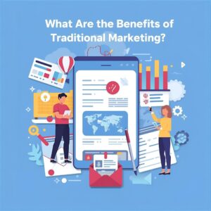 What Are the Benefits of Traditional Marketing? Illustration showcasing the benefits of traditional marketing with visuals of billboards, newspapers, TV ads, and flyers, highlighting brand visibility, credibility, and local audience reach.