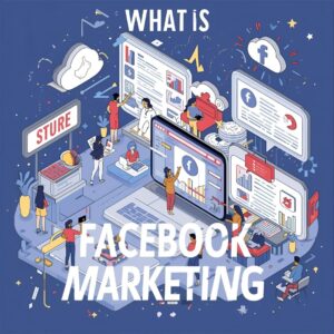 What is Facebook Marketing? An illustration showing a marketer analyzing Facebook ads performance on a laptop, surrounded by social media icons like likes, comments, and shares — representing the concept of Facebook Marketing.