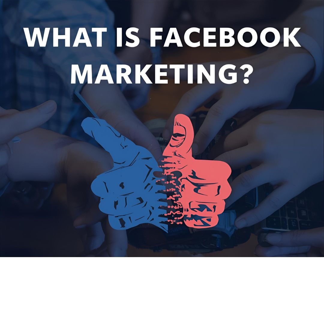What is Facebook Marketing? An illustration showing a marketer analyzing Facebook ads performance on a laptop, surrounded by social media icons like likes, comments, and shares — representing the concept of Facebook Marketing.