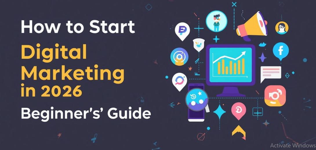 How to Start Digital Marketing in 2026 (Beginner’s Guide) Illustration showing a beginner learning how to start digital marketing in 2026 using a laptop with icons for SEO, social media marketing, content creation, and online advertising.