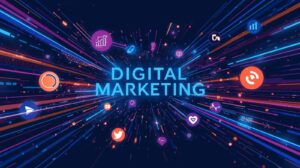 Illustration showing a beginner learning how to start digital marketing in 2026 using a laptop with icons for SEO, social media marketing, content creation, and online advertising.