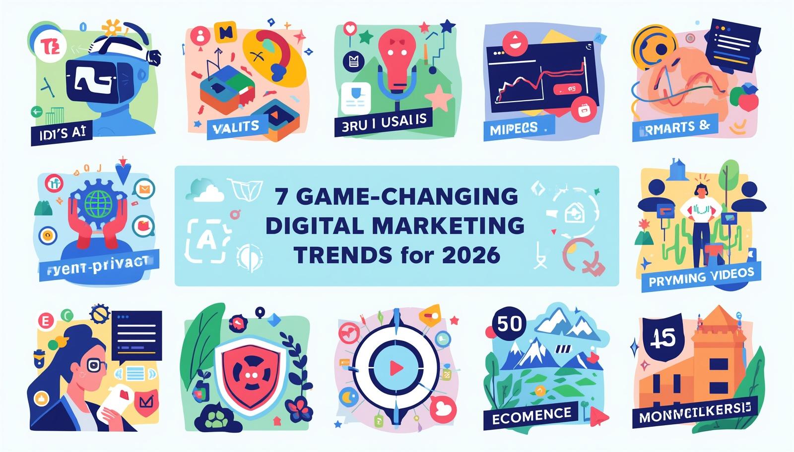 Infographic showing 7 game-changing digital marketing trends for 2026 including AI marketing, voice search, social commerce, short-form video, AR/VR, first-party data, and hyper-personalization.