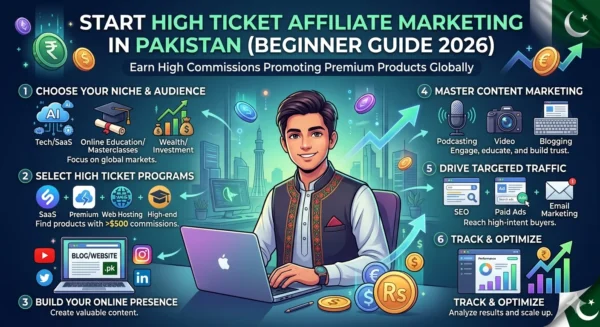 How to Start High Ticket Affiliate Marketing in Pakistan (Beginner Guide 2026) 3 Step-by-step infographic showing how to start high ticket affiliate marketing in Pakistan in 2026 — covering niche selection, affiliate programs, content marketing, SEO traffic, and tracking results