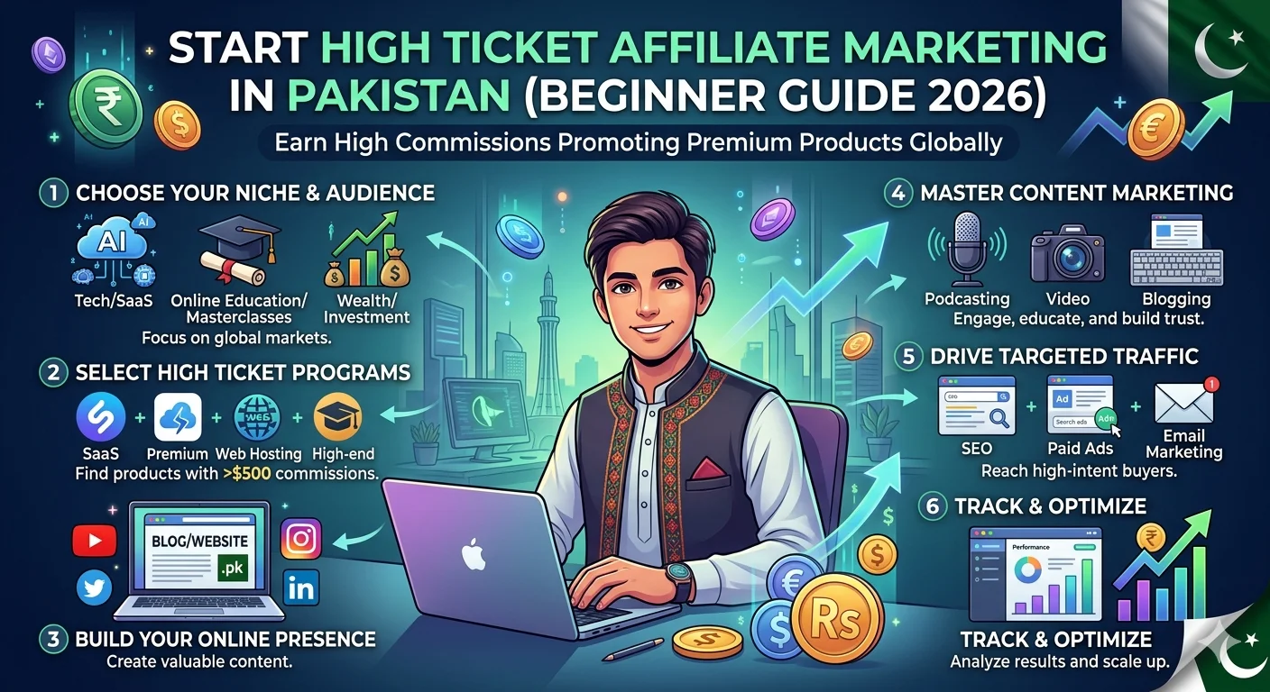 How to Start High Ticket Affiliate Marketing in Pakistan (Beginner Guide 2026) 2 Step-by-step infographic showing how to start high ticket affiliate marketing in Pakistan in 2026 — covering niche selection, affiliate programs, content marketing, SEO traffic, and tracking results