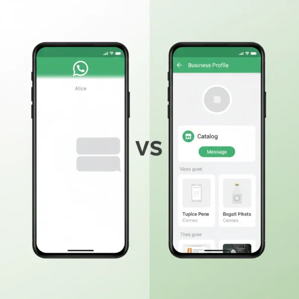 WhatsApp Business vs Regular WhatsApp: Full Comparison (2026) 3 WhatsApp Business vs Regular WhatsApp comparison showing two phone screens side by side.