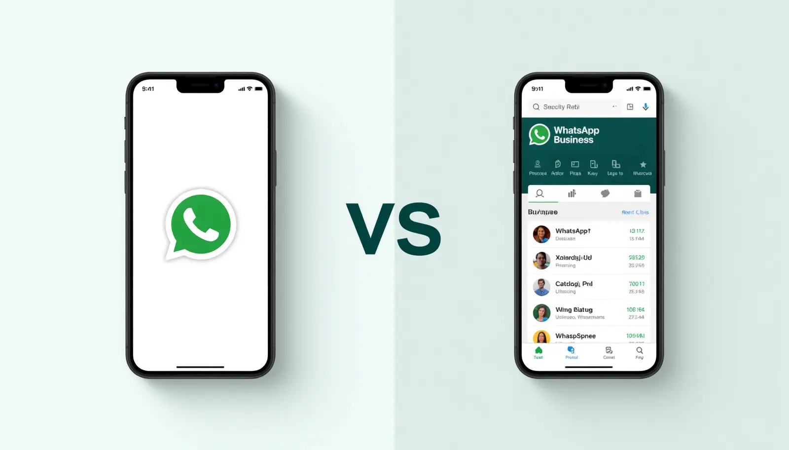 WhatsApp Business vs Regular WhatsApp: Full Comparison (2026) 2 WhatsApp Business vs Regular WhatsApp comparison showing two phone screens side by side