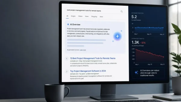 AI Overviews Traffic Drop: Rankings Fine, Traffic Down in 2026? 4 Google Search Console showing traffic, impressions, clicks and CTR analysis