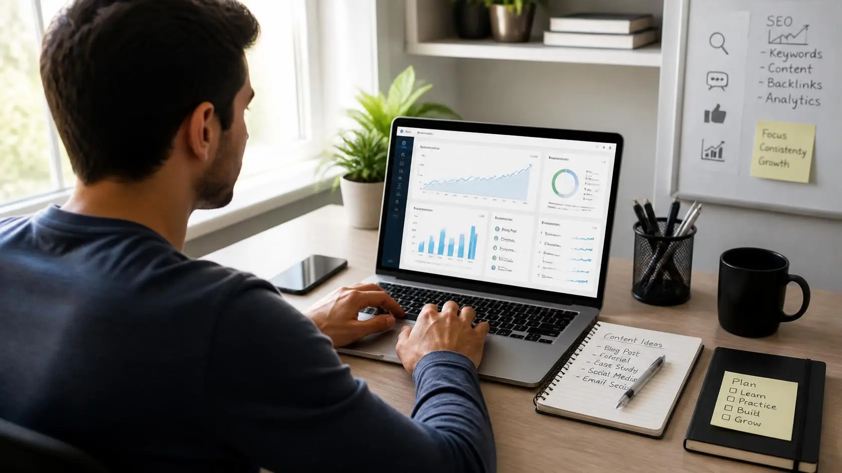How to Start Freelancing as a Digital Marketer With No Experience 3 Beginner digital marketer creating a freelance portfolio on a laptop