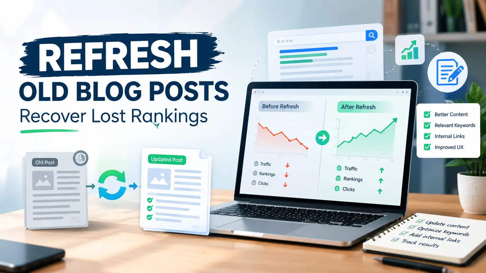 How to Refresh Old Blog Posts and Recover Lost Rankings (2026) 2 Search Console performance report used to refresh old blog posts