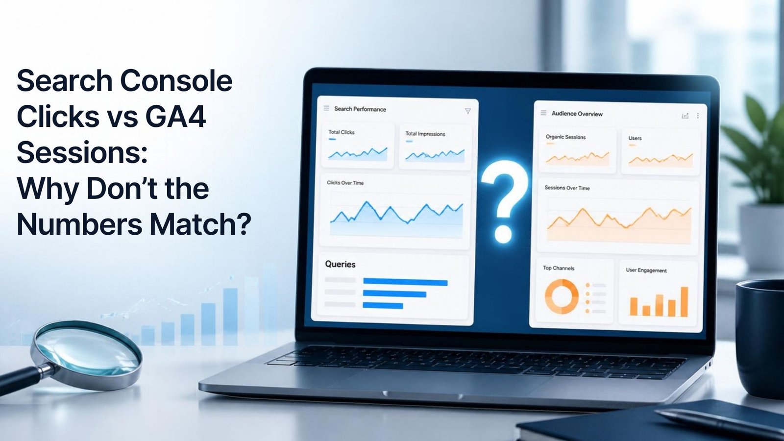 Search Console Clicks vs GA4 Sessions: What's the Difference? 2 Search Console clicks vs GA4 sessions comparison showing SEO traffic analytics