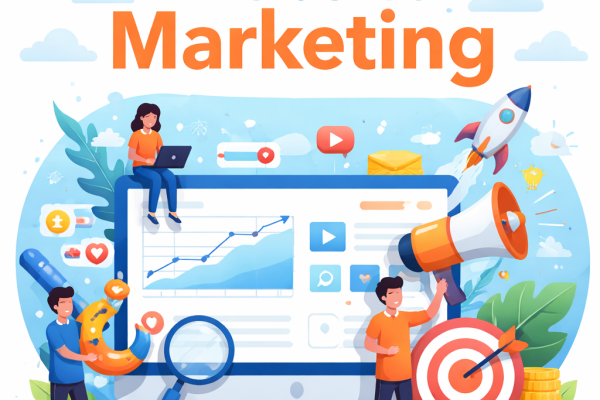 Illustration of website marketing strategy showing analytics dashboard, megaphone promotion, target audience, and growth charts.